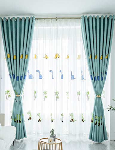 Lactraum Vorhänge Kinderzimmer Babyzimmer Bestickt Transparent Weiß Dinosaurier Kokosnussbaum Voile mit Universalband 145 x 245 cm von Lactraum