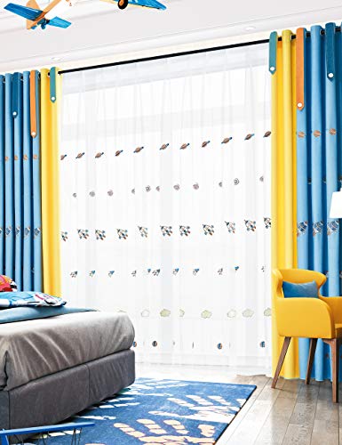 Lactraum Vorhänge Kinderzimmer Junge Bestickt Rakete Planet Milchstraße Hellblau Blickdicht mit Ösen 100 x 245 cm von Lactraum