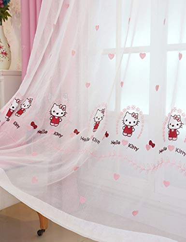 Lactraum Vorhang Kinderzimmer Mädchen Transparent Weiß mit Ösen Bestickt Katze Herz Voile 145 x 245cm von Lactraum