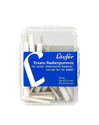 Läufer 69608 Ersatzradierer in 2 Größen für Elektrischer Radiergummi, 25 Stück Ø 2,3 mm und 25 Stück Ø 5 mm, wiederverschließbare Box, für batteriebetriebenen Läufer Radierstift von Läufer