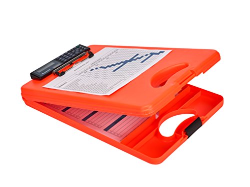 Läufer 53402 DeskMate II Safety mit Taschenrechner, Klemmbrett auf Formularkassette mit Griff, unten öffnend, unterteiltes Innenfach, Kunststoff, Signalfarbe neonorange, für DIN A4 von Läufer