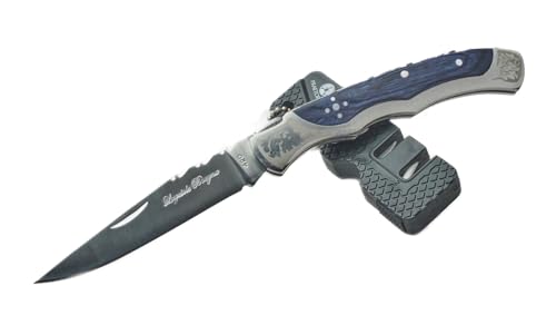 Laguiole Designer Messer Taschenmesser Klappmesser aus rostfreien Edelstahl + Pocket Messerschärfer für unterwegs (Blaue Griffschalen) von Laguiole Bougna