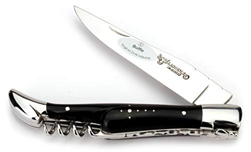 Laguiole en Aubrac - Laguiole Messer 12 cm - Griff Büffelhorn - Korkenzieher - Klinge und Backen glänzend -Taschenmesser Frankreich von Laguiole en Aubrac