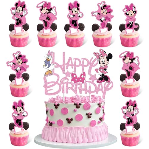 Lahe Glitter Minnie Kuchen Deko, Happy Birthday Tortendeko, Mouse Kuchen Deko Mädchen, Glitter Geburtstagsdeko Topper Set für Party Dekoration zum Mädchen Jungen (25 Stück) von Lahe