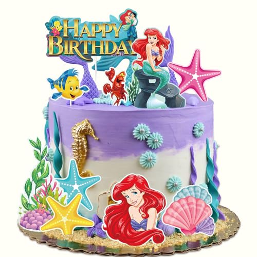 Lahe Tortendeko Geburtstag, Ariel Kuchen Deko, Happy Birthday Tortendeko, Meerjungfrau Cake Topper Geburtstag für Mädchen Party Dekoration zum Torten Deko (10 Stück) von Lahe