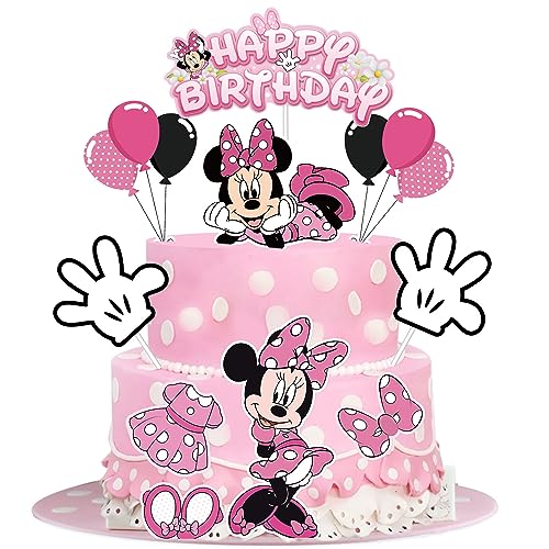 Lahe Tortendeko Geburtstag, Glitter Minnie Kuchen Deko, Happy Birthday Tortendeko, Mouse Cake Topper Geburtstag für Mädchen Junge Party Dekoration zum Torten Deko (10 Stück) von Lahe
