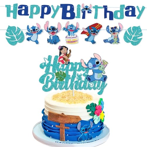 Lahe Tortendeko Geburtstag, Stitch Kuchen Deko, Happy Birthday Stich Banner Geburtstagsdeko, Deko Geburtstag für Mädchen Junge Cartoons Cake Topper Torten Deko Party Dekoration(2 Stück) von Lahe