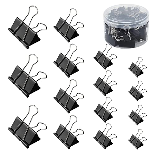 Foldback Klammern,60 Stück Schwarze Büroklammern Binderclips Papierklammern Binder Clips Heftklammern Paper Clip Metall Maul Klammer Klemmen für Tüten Briefpapier Papier Bürobedarf Notizen,4 Größen von Lahviuu