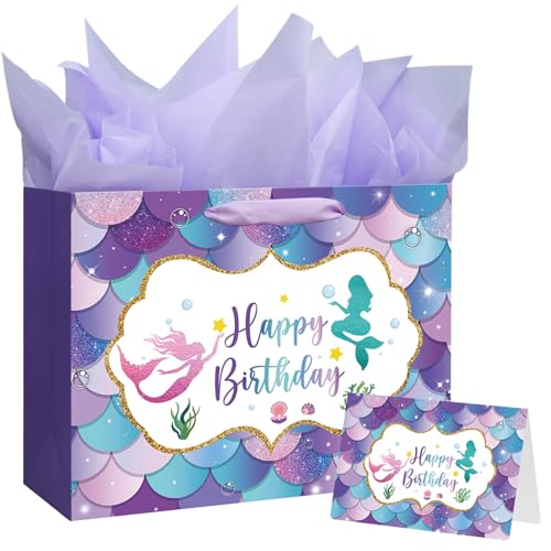 33 cm große Meerjungfrauen-Geschenktüte mit Griff, Seidenpapier und Karte für Kinder und Mädchen von Laidans