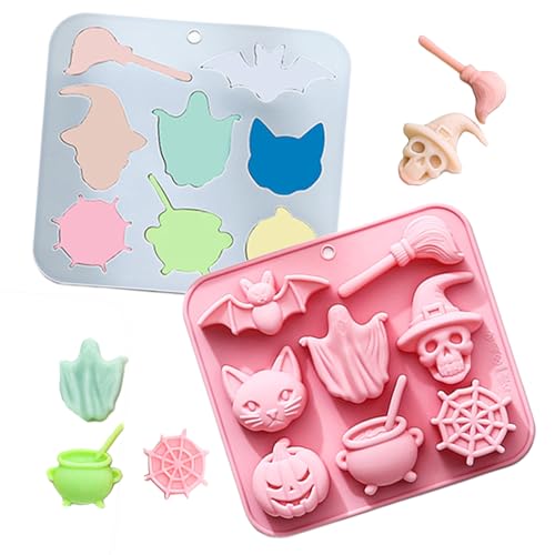 Halloween Silikonform, 2Packs, 16-Höhle Halloween Besen Schwarze Katze Geist Schädel, 3D Schokoladenform Kürbis Für Schokolade Fondant Eistafel Dekorationen von Lainiaoly