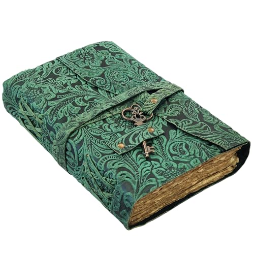 Geprägtes Leder-Tagebuch mit antiken Schlüsseln, Vintage-Seiten, handgefertigtes Tagebuch, Leder-Skizzenbuch, Notizblock, Reisetagebuch, Schattenbuch, Ledergrimoire (A Green, 10x7 Inch) von Lakecity Leather Craft