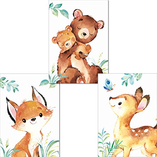 Bilder Waldtiere Kinderzimmer Deko - Baby Lalelu-Prints (Din A4 ohne Rahmen, 3er Set) - Verspielte Wandbilder für eine zauberhafte Atmosphäre von LALELU-Prints