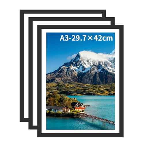 Bilderrahmen A3, Versatile Bilderrahmen Holz Schwarz mit Passepartout Halterungen und Wandhaken für Fotos, Bilder, Poster für Wandhalterung (Schwarz, A3(29.7x42cm)*3) von Lalieffacely