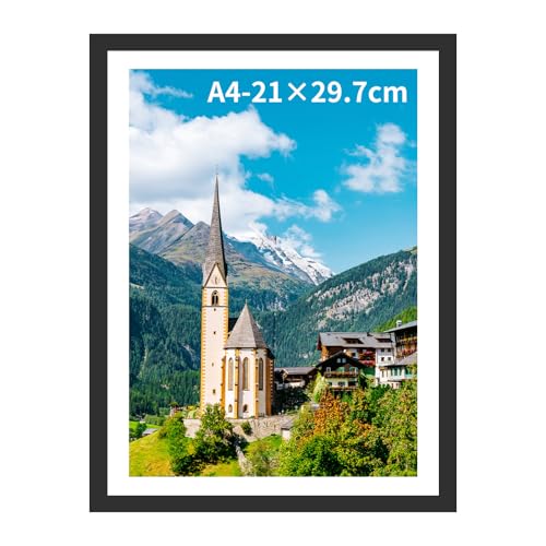 Bilderrahmen A4, Versatile Bilderrahmen Holz Schwarz mit Passepartout Halterungen und Wandhaken für Fotos, Bilder, Poster für Wandhalterung und Tischständer (Schwarz, A4(21x29.7cm)*1) von Lalieffacely