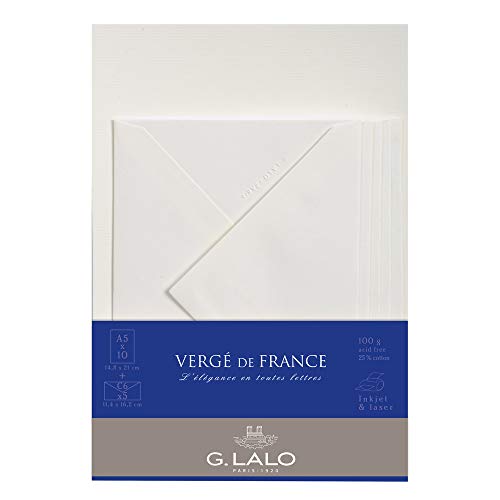 Lalo 61400L Korrespondenz Set Vergé de France (mit 5 Blatt DIN A5, 14,8 x 21 cm, 100 g, säurefrei, gerade Kante und 5 Umschläge, 11,4 x 16,2 cm, nassklebend und gefüttert) weiß von G.Lalo