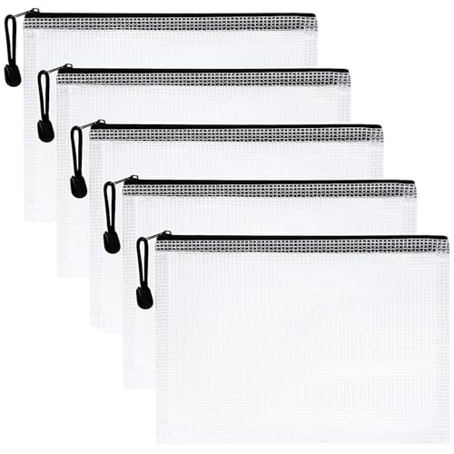 5er-Pack Dokumententasche mit Reißverschluss A5, Mesh Plastic Zipper Folders Waterproof Document Case Wallet Bags Translucent for Office Supplies, Paper, Travel, Cosmetics von Laluky