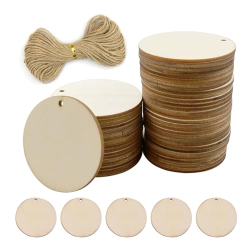 Holzscheiben mit Loch für Kunst und Handwerk, 5 cm (wird mit Schnur geliefert), 50 Stück Holzscheiben roh, für Brandmalerei, Dekoration, zum Aufhängen von Laluky