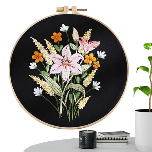 Lambo Starter-Set für Stickerei, Stickerei, Stickerei, Blumenmotive mit Motiv und Anleitung, Übungsset, Stickset aus Baumwolle, tragbar, für Erwachsene von Lambo
