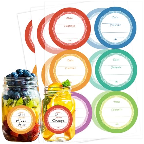60Pcs Lebensmittel Etiketten Selbstklebend – 4 * 4cm Round Farbige Beschriftungsetiketten mit Date/Contents, Wasserdichte Essen Aufkleber Labels für Jam, Gewürze, Korn, Getränke (10 Blätter) von Lamca