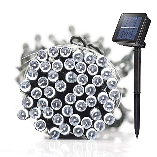 Lamker Solar LED Lichterketten Außen Kaltweiss 5M 50er LEDs Lichterkette Wasserdicht Grünes Kabel 8 Modi Dimmbar Beleuchtung Deko für Garten Terrasse Balkon Tor Hof Hochzeit Solarlichterkette von Lamker