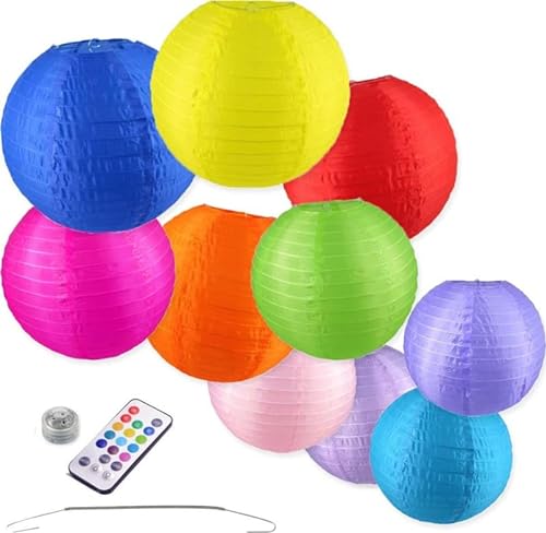 10 x Nylon Lampions - Bunte Farbe Mix - Inkl. LED mit Fernbedienung - Inkl. Haken - Gartenbeleuchtung für draußen von Lampion-Lampionnen