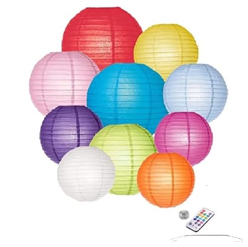 10 x Papier Lampions - Bunte Farbe Mix - Inkl. LED mit Fernbedienung - Inkl. Haken von Lampion-Lampionnen