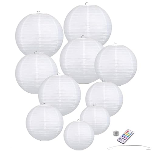 10 x Papier Lampions weiß inkl. LED mit Fernbedienung inkl. Federhaken von Lampion-Lampionnen