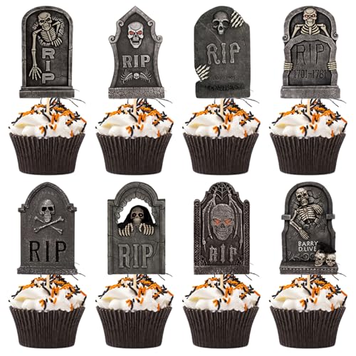 48pcs Halloween Cupcake Toppers Tombstone 6 Stile Spooky Mini für DIY -Kuchendekorationen von Lamppdcor