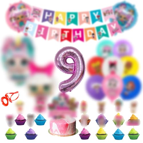 Lol Geburtstag Deko 9 Jahre 48 Stück, Lol überraschung Luftballon 9.Geburtstag, Lol Puppen Folienballon 9, Lol Ballon Latex, Cake Topper Happy Birthday Girlande Banner Jungen Mädchen Party von Lamuliya
