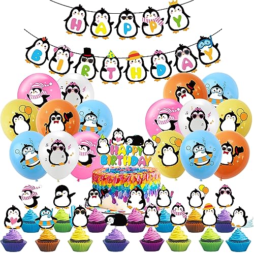 Pinguin Geburtstag Deko, 39pcs Pinguin Geburtstag Luftballons Party Supplies, Pinguin Party Supplies Alles Gute zum Geburtstag Banner, Cake Topper Themed Geburtstagsparty für Pinguin Dekoration von Lamuliya