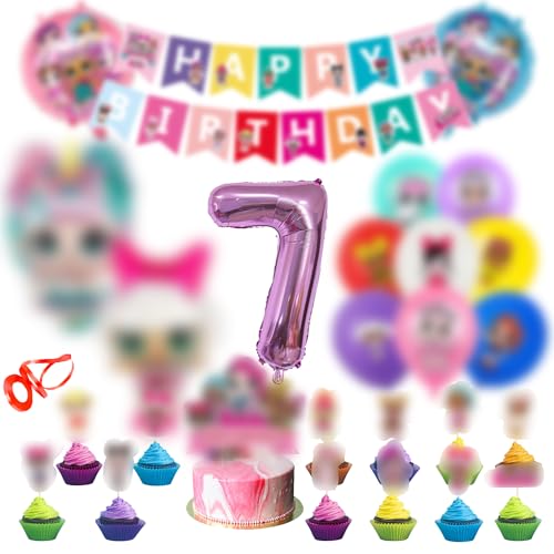 Lol Geburtstag Deko 7 Jahre 48 Stück, Lol überraschung Luftballon 7.Geburtstag, Lol Puppen Folienballon 7, Lol Ballon Latex, Cake Topper Happy Birthday Girlande Banner Jungen Mädchen Party von Lamuliya