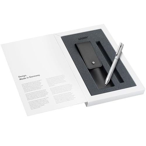 LAMY Set aus 1x logo Twin Pen Mehrschreibersystem 606 Kugelschreiber und Druckbleistift aus Edelstahl in brushed und 1x Echleder-Etui in schwarz für zwei Schreibgeräte von Lamy
