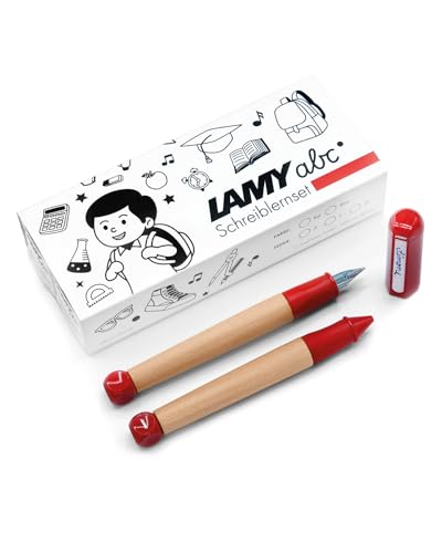 LAMY abc Schreiblernset rot inkl. Geschenkverpackung aus 1x kindgerechtem Schreiblernfüller mit Linkshänder Feder und 1x Bleistift, rutschfestes Griffstück, Kappe und Würfel aus Kunststoff von Lamy