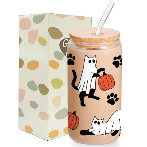 Lamyba Boo Korbfüller für Damen, Erwachsene, Teenager, Mädchen, 473 ml, niedliche Geisterkatzen, Kürbis, Halloween-Glasbecher mit Deckel und Strohhalm, Süßigkeitenglas-Trinkflasche von Lamyba