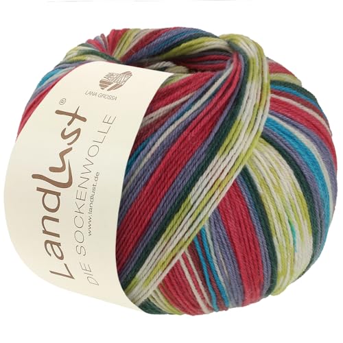 Lana Grossa Landlust DIE SOCKENWOLLE 100 g 4-fach Sockenwolle von Lana Grossa und Landlust 420 m, Farbe:717 - Himbeerrot/Veilchenblau/Weiß/Zimtbraun/Mai-/Dunkelgrün von Lana Grossa