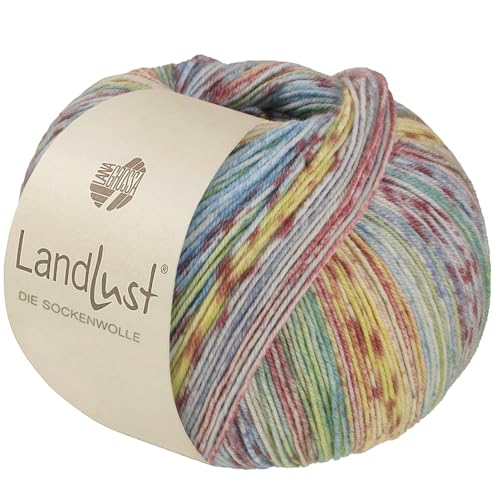 LandLust die Sockenwolle Seide 331 - Hellgrün/-blau/Ziegelrot/Vanille/Ecru/Altrosa/Hellgrau Gestreift von Lana Grossa