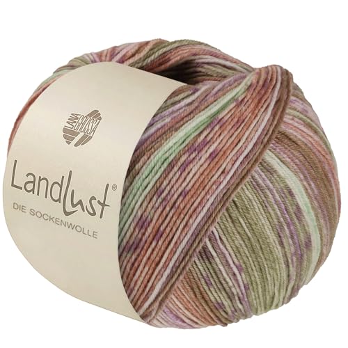 LandLust die Sockenwolle Seide 332 - Khakigrün/Beige/Flieder/Rosa/Pfirsich/Zartgrün Gestreift von Lana Grossa