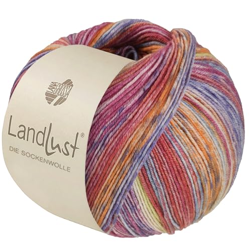 LandLust die Sockenwolle Seide 335 - Orange/Grau/Zitrusgelb/Hellblau/Blau/Violett/Fuchsia/Hellrot Gestreift von Lana Grossa
