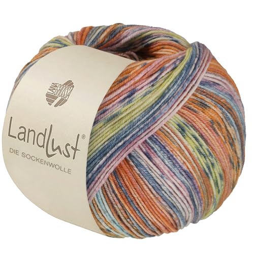 LandLust die Sockenwolle Seide 336 - Lachs/Orange/Grau/Mint/Rosa/Zitrusgelb/Graublau Gestreift von Lana Grossa