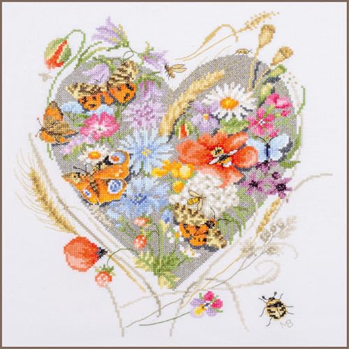 LANARTE Kreuzstich Stickpackungen Gezählter Kreuzstichbilder Set HERZ AUS BLÜTEN Wanddekoration Handarbeit Set für Erwachsene ca. 32 x 35 cm DIY Deko Bastelset Handwerker Kreative Geschenkset von Lanarte