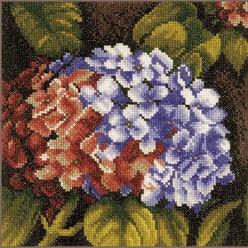 LANARTE Kreuzstich Stickpackungen Gezählter Kreuzstichbilder Set HORTENSIEN Wanddekoration Handarbeit Set für Erwachsene 18,5 x 18,5 cm DIY Deko Bastelset Handwerker Kreative Geschenkset von Lanarte