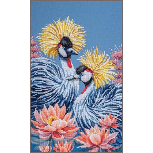 LANARTE Kreuzstich Stickpackungen Gezählter Kreuzstichbilder Set SCHWARZKRONENKRANICHE Wanddekoration Handarbeit Set für Erwachsene ca. 28 x 43 cm DIY Deko Bastelset Handwerker Kreative Geschenkset von Lanarte