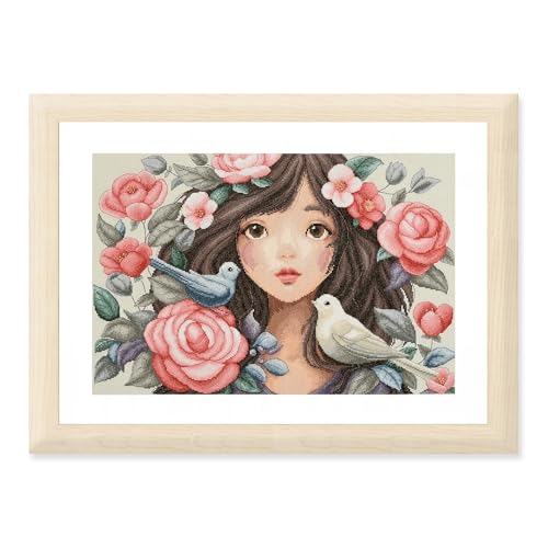 LANARTE Kreuzstich Stickpackungen Gezählter Kreuzstichbilder Set SIE TAUCHTE IN ROSEN Wanddekoration Handarbeit Set für Erwachsene 43 x 29 cm DIY Deko Bastelset Handwerker Kreative Geschenkset von Lanarte
