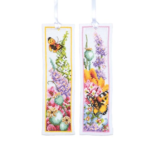 LANARTE Lesezeichen Kreuzstich Stickpackungen Gezählter Kreuzstich Set BLUMENPOWER 2ER SET DIY Set Erwachsene Sticken Lesen Zubehör Geschenk Zählmusterpackung ca. 6 x 20 cm Stickset für Anfänger von Lanarte