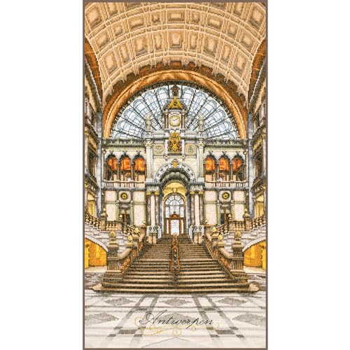 Lanarte Kreuzstich Stickpackungen Gezählter Kreuzstichbilder Set ANTWERPENER HAUPTBAHNHOF Wanddekoration Handarbeit Set für Erwachsene 35 x 70 cm DIY Deko Bastelset Handwerker Kreative Geschenkset von Lanarte