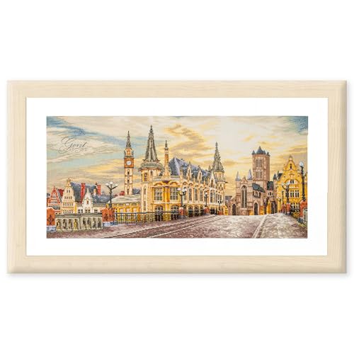 Lanarte Kreuzstich Stickpackungen Gezählter Kreuzstichbilder Set STADTANSICHT VON GENT Wanddekoration Handarbeit Set für Erwachsene 70 x 35 cm DIY Deko Bastelset Handwerker Kreative Geschenkset von Lanarte