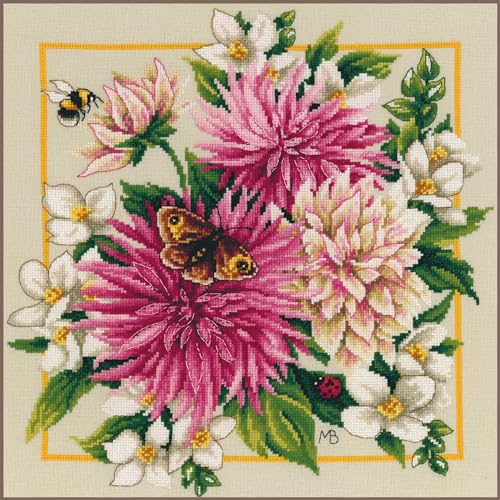 Lanarte Kreuzstich Stickpackungen Gezählter Kreuzstichbilder Set ROSA SEIDENDAHLIE Wanddekoration Handarbeit Set für Erwachsene ca. 29 x 29 cm DIY Deko Bastelset Handwerker Kreative Geschenkset von Lanarte
