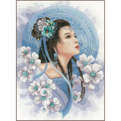 Lanarte Kreuzstich Stickpackungen Gezählter Kreuzstichbilder Set ASIATISCHE FRAU IN BLAU Wanddekoration Handarbeit Set für Erwachsene 30 x 41 cm DIY Deko Bastelset Handwerker Kreative Geschenkset von Lanarte