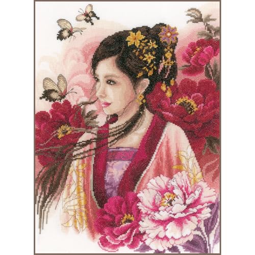 Lanarte Kreuzstich Stickpackungen Gezählter Kreuzstichbilder Set ASIATISCHE FRAU IN PINK Wanddekoration Handarbeit Set für Erwachsene 30 x 41 cm DIY Deko Bastelset Handwerker Kreative Geschenkset von Lanarte