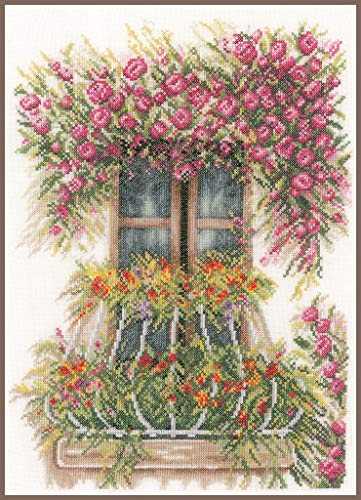 Lanarte Kreuzstichset Fenster geschmückt mit Blumen, Kreuzstichpackung mit Zählmuster, Baumwolle, Mehrfarbig, 27 x 36 x 0,3 cm von Lanarte